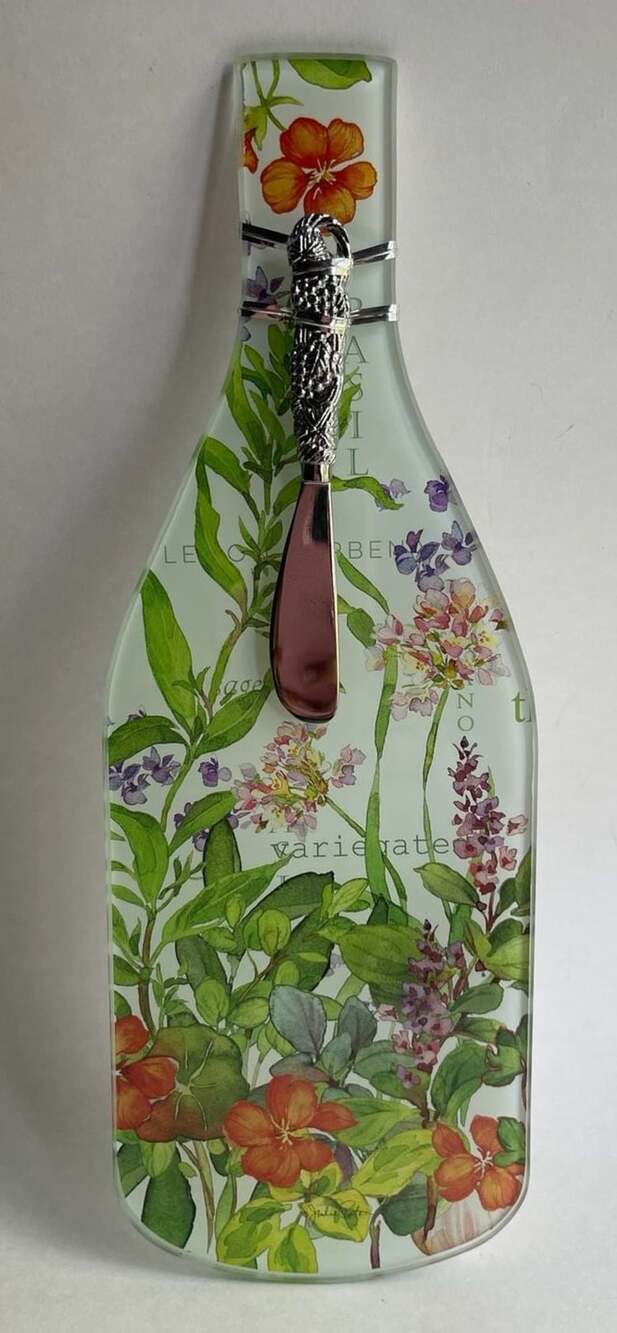 Glass Bottle Shaped Cheese Board and Spreader Set with Floral Herb Botanical Des